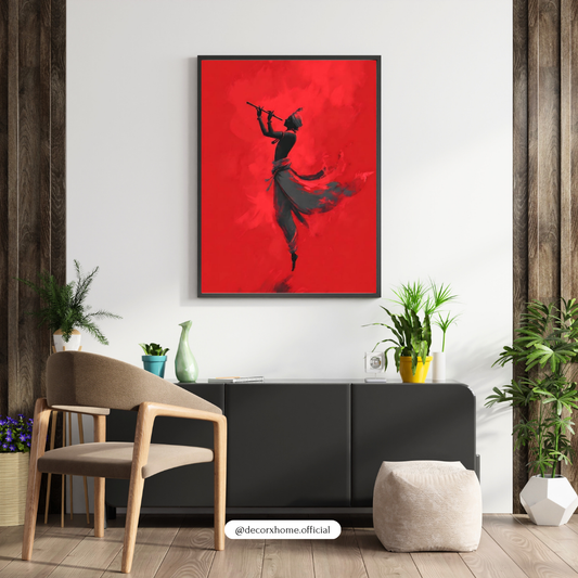 Crimson Flute Lord Krishna Wall Art | Indian Classical Silhouette Poster | Bold Red Artistic Decor | Decorxhome