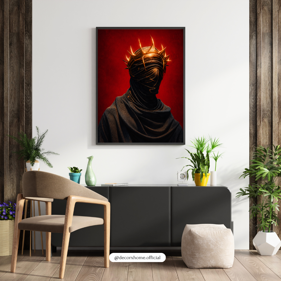 Dark Crown Abstract Warrior Wall Art – Black & Gold Gothic Poster