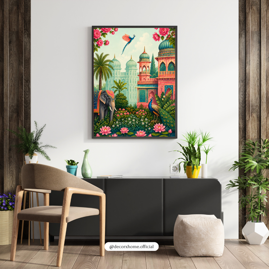 Royal Indian Garden Palace Wall Art Poster | Elephant & Peacock Traditional Artwork | Vibrant Cultural Print | Decorexhome