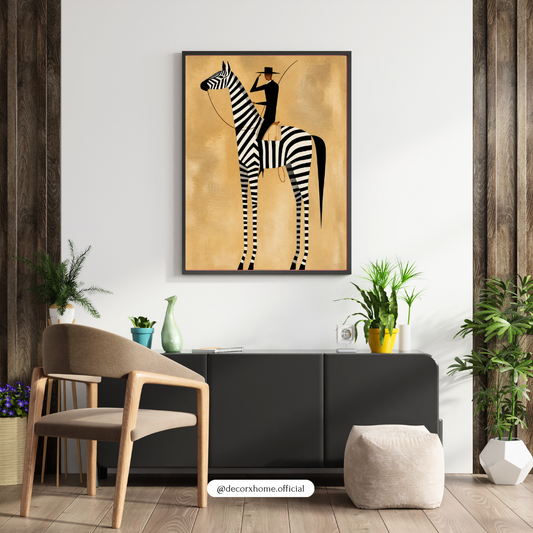 Decorexhome Zebra Rider Wall Art | Minimalist Zebra & Horse Rider Poster | Black & White Animal Artwork