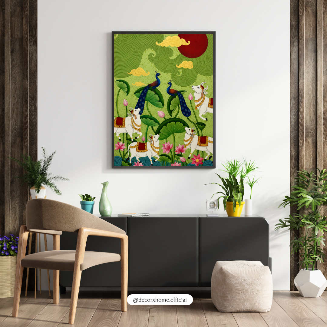 Traditional Peacock & Lotus Garden Wall Art Poster | Indian Folk Nature Artwork | Decorative Cultural Print | Decorexhome