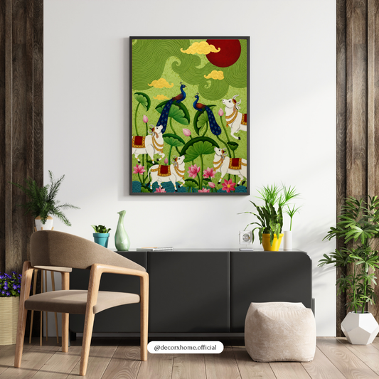 Traditional Peacock & Lotus Garden Wall Art Poster | Indian Folk Nature Artwork | Decorative Cultural Print | Decorexhome