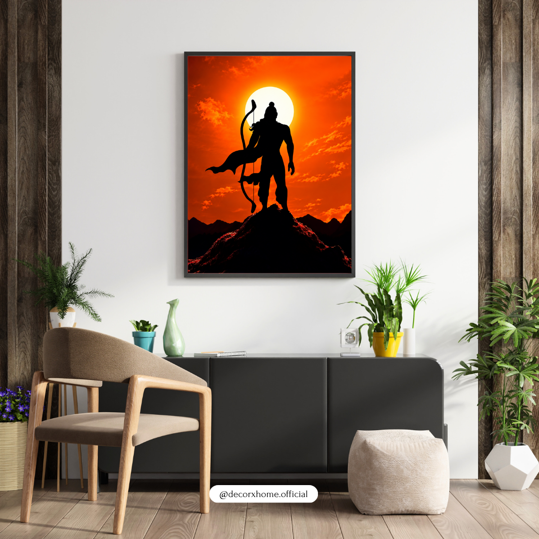 Lord Hanuman Silhouette Wall Art | Divine Orange Sunset Hindu God Poster | Spiritual & Devotional Wall Decor | Decorexhome