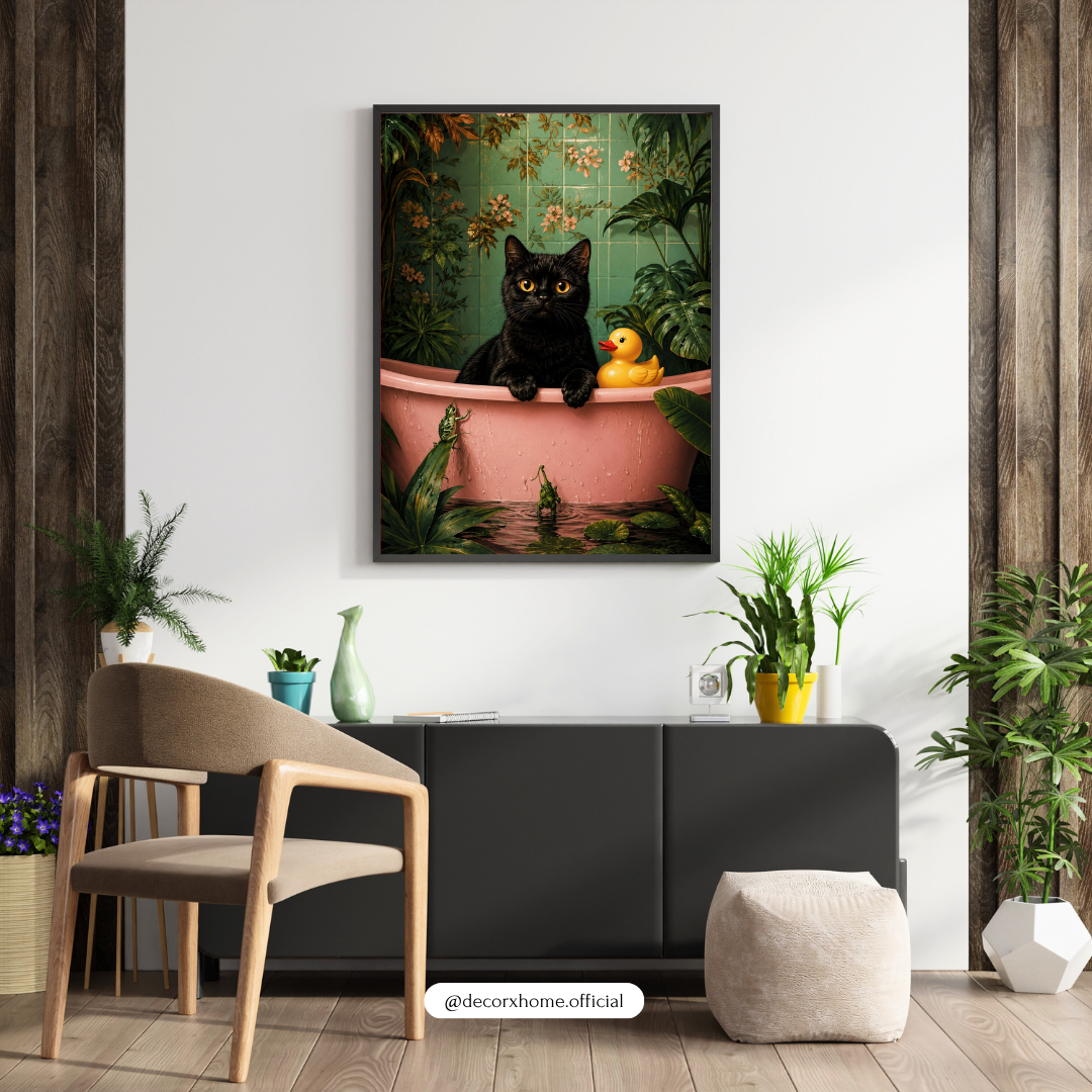 Whimsical Black Cat Bath Wall Art Poster | Cute Botanical Cat Artwork | Aesthetic Animal Print | Decorexhome