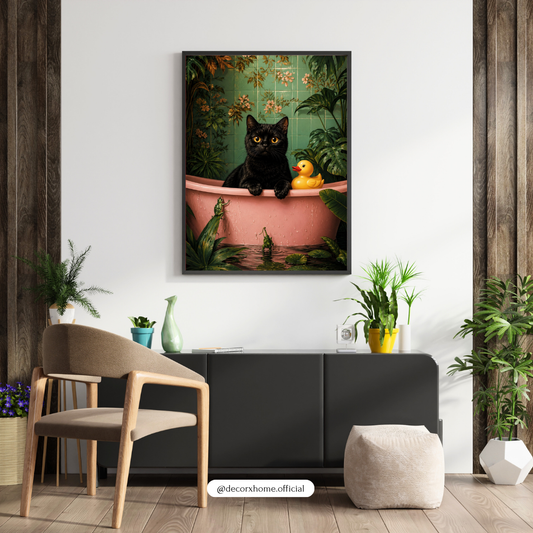 Whimsical Black Cat Bath Wall Art Poster | Cute Botanical Cat Artwork | Aesthetic Animal Print | Decorexhome