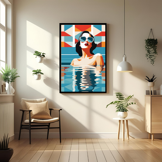 Modern Poolside Woman Wall Art – Framed Pop Art Print for Living Room, Bedroom & Office