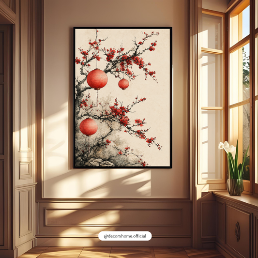 Japanese Cherry Blossom & Red Lantern Wall Art Poster | Elegant Asian-Inspired Home Decor