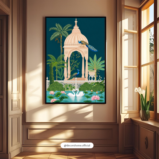 DecorexHome Royal Peacock Garden Poster | Luxury Indian Palace Wall Art | Swan & Lotus Nature Artwork | Elegant Heritage Decor Print