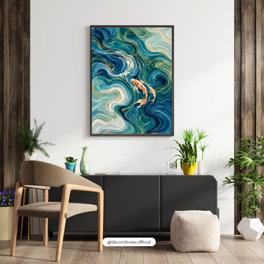 Abstract Koi Fish Wall Art | Blue Ocean Waves Painting Poster | Modern Home Decor | Decorxhome