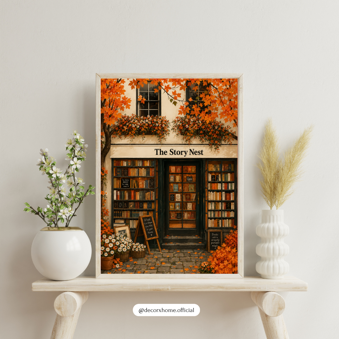 The Story Nest Bookstore Poster – Cozy Autumn Bookshop Wall Art