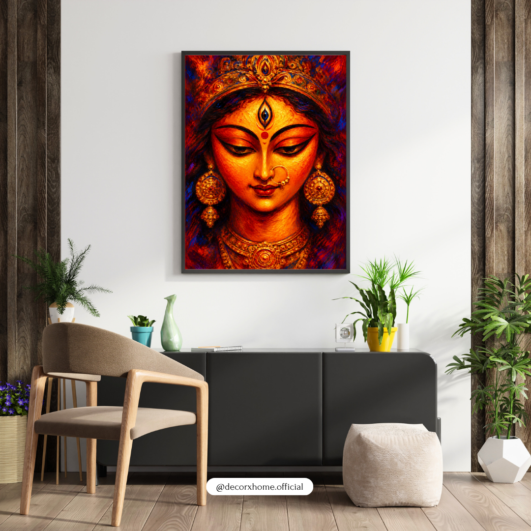 Goddess Durga Face Wall Art | Maa Durga Divine Portrait Poster & Framed Artwork
