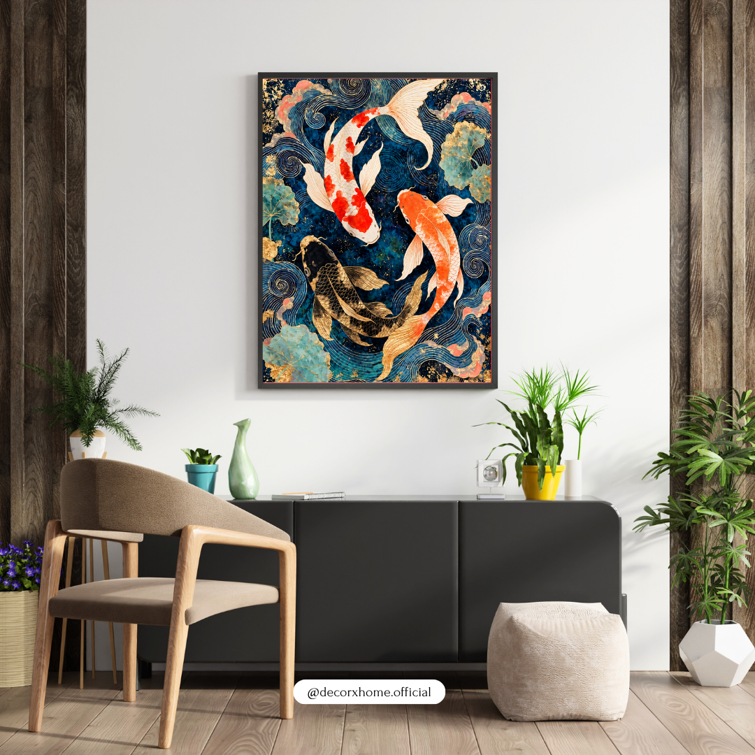 Japanese Koi Fish Wall Art | 3 Koi Fish Blue & Gold Aesthetic Poster | Luxury Modern Wall Decor | Decorxhome