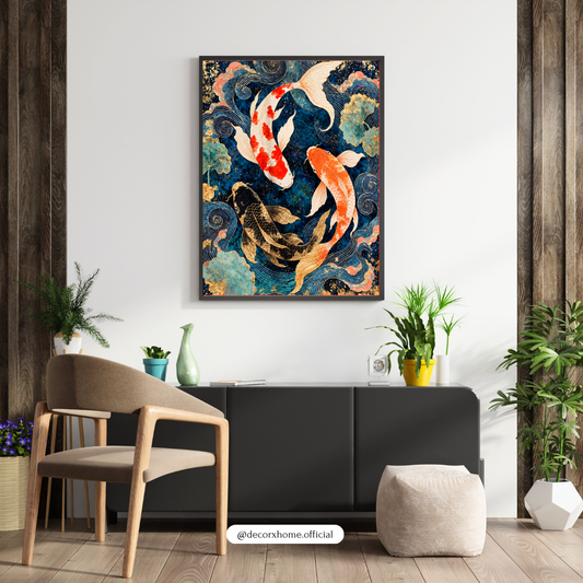 Japanese Koi Fish Wall Art | 3 Koi Fish Blue & Gold Aesthetic Poster | Luxury Modern Wall Decor | Decorxhome