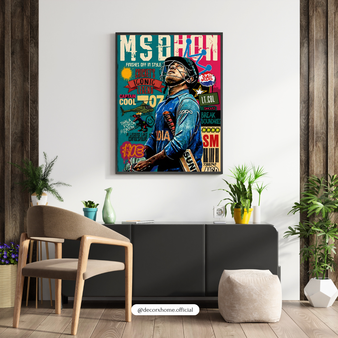 MS Dhoni Pop Art Poster with Frame – Captain Cool Cricket Legend Wall Decor for Bedroom & Gaming Room