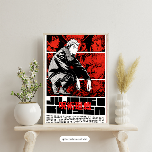 Jujutsu Kaisen Yuji Itadori Manga Poster | Red & Black Anime Wall Art for Otaku Rooms | Decorxhome