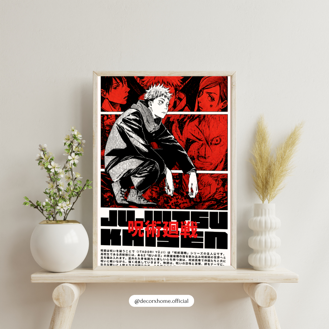 Jujutsu Kaisen Yuji Itadori Manga Poster | Red & Black Anime Wall Art for Otaku Rooms | Decorxhome