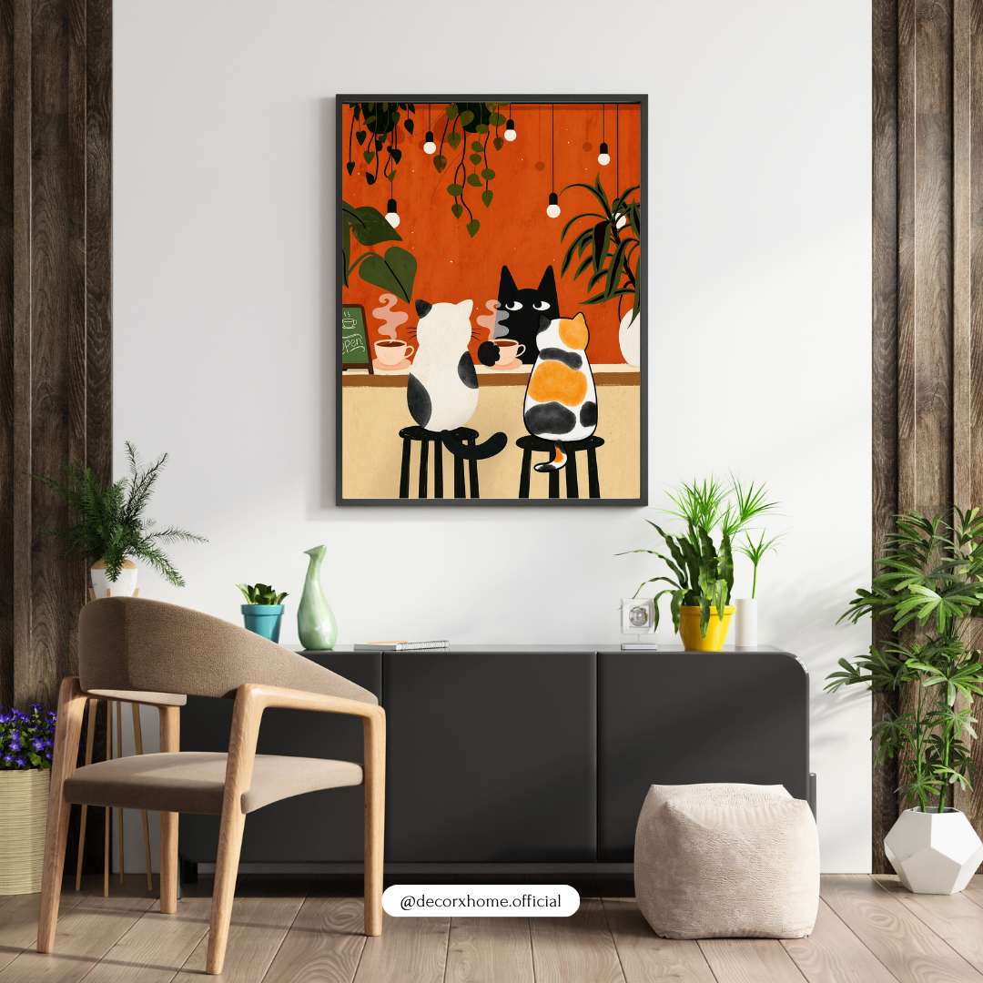Cute Cat Café Wall Art Poster – Aesthetic Cartoon Animal Print | Cozy Kitchen & Living Room Decor (Framed)