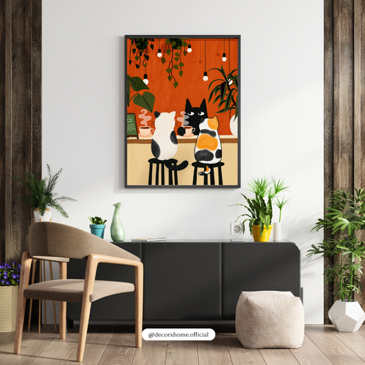 Cute Cat Café Wall Art Poster – Aesthetic Cartoon Animal Print | Cozy Kitchen & Living Room Decor (Framed)