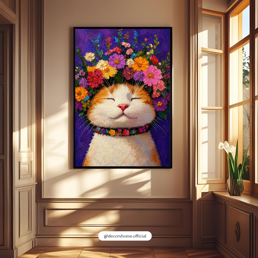 Decorexhome Floral Cat Bliss Wall Art Poster | Cute Whimsical Pet Canvas Print | Colorful Animal Home Decor