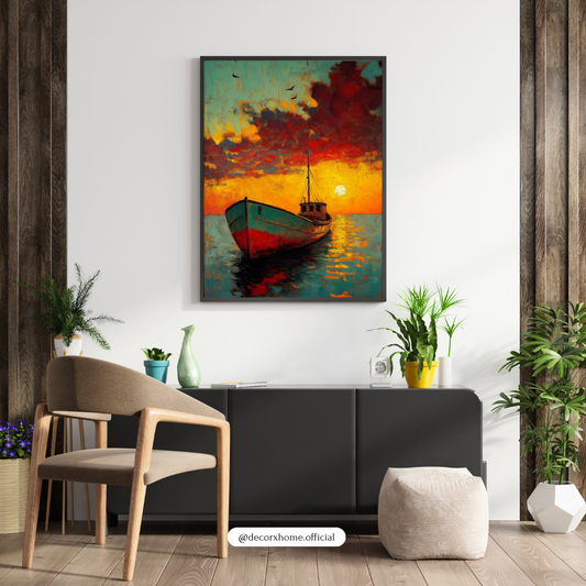 Golden Sunset Boat – Vibrant Ocean Landscape Wall Art Poster | DecorxHome