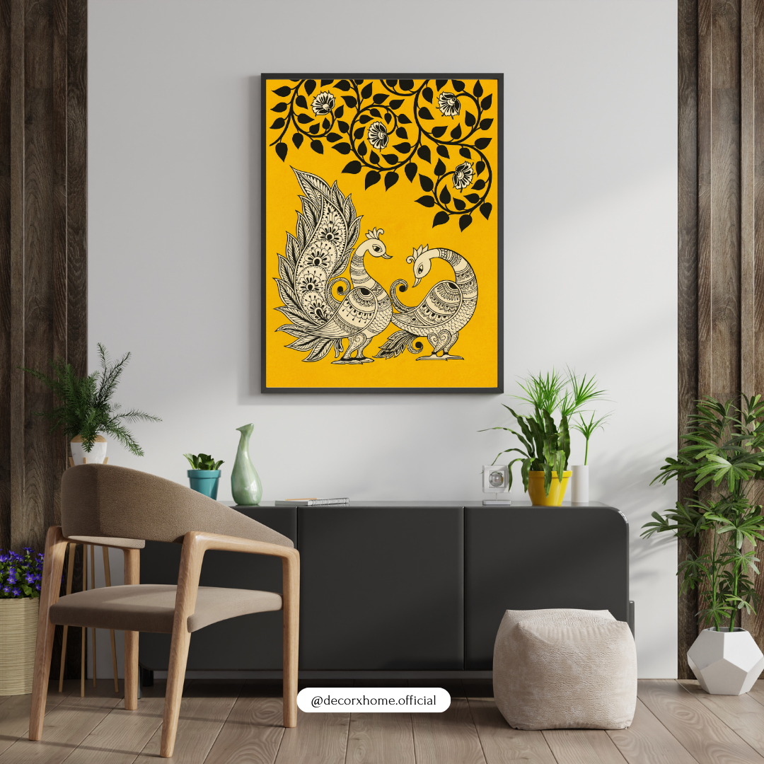 Madhubani Peacock Pair Poster – Traditional Indian Folk Art Wall Decor