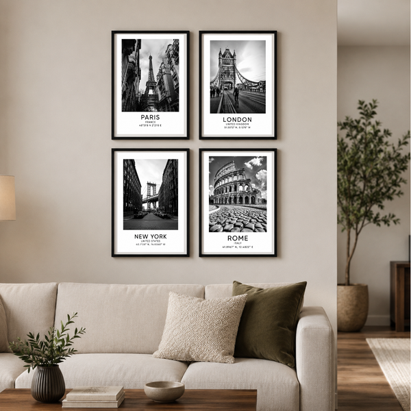 World Landmarks Collection – Paris, London, New York & Rome Travel Poster Set (4-Piece Wall Art)