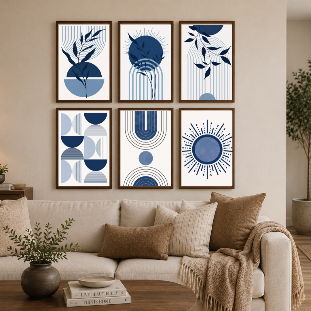 Indigo Botanical Abstract Poster Set – Scandinavian Blue Geometric Wall Art (Set of 6) | Decorxhome