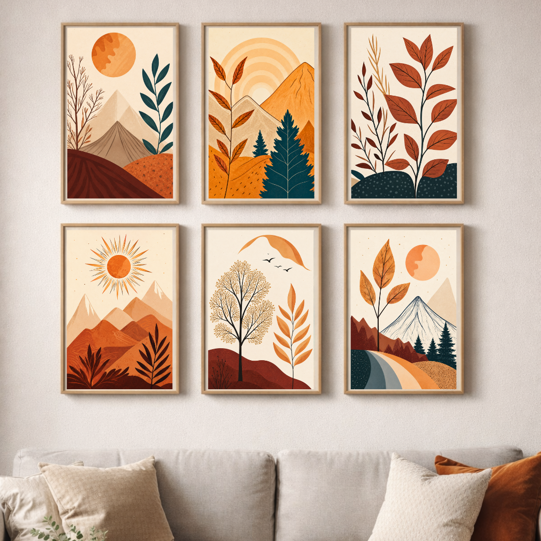 Autumn Mountain Botanical Poster Set – Scandinavian Earth-Tone Landscape Wall Art (Set of 6) | Decorxhome