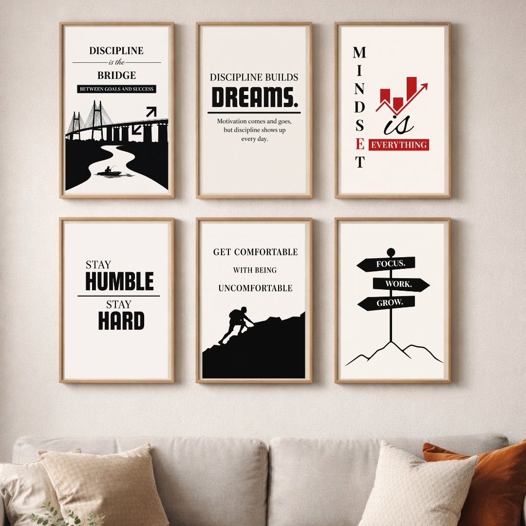 Motivational Discipline Poster Set – Success, Focus & Growth Inspirational Wall Art (Set of 6) | Decorxhome