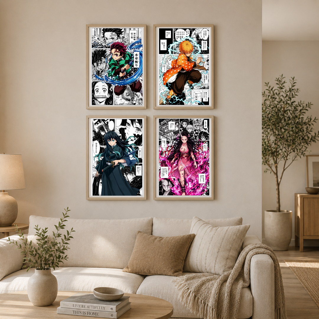 Demon Slayer Character Manga Collage Poster Set | Tanjiro, Zenitsu, Muichiro & Nezuko Anime Wall Art | Decorxhome