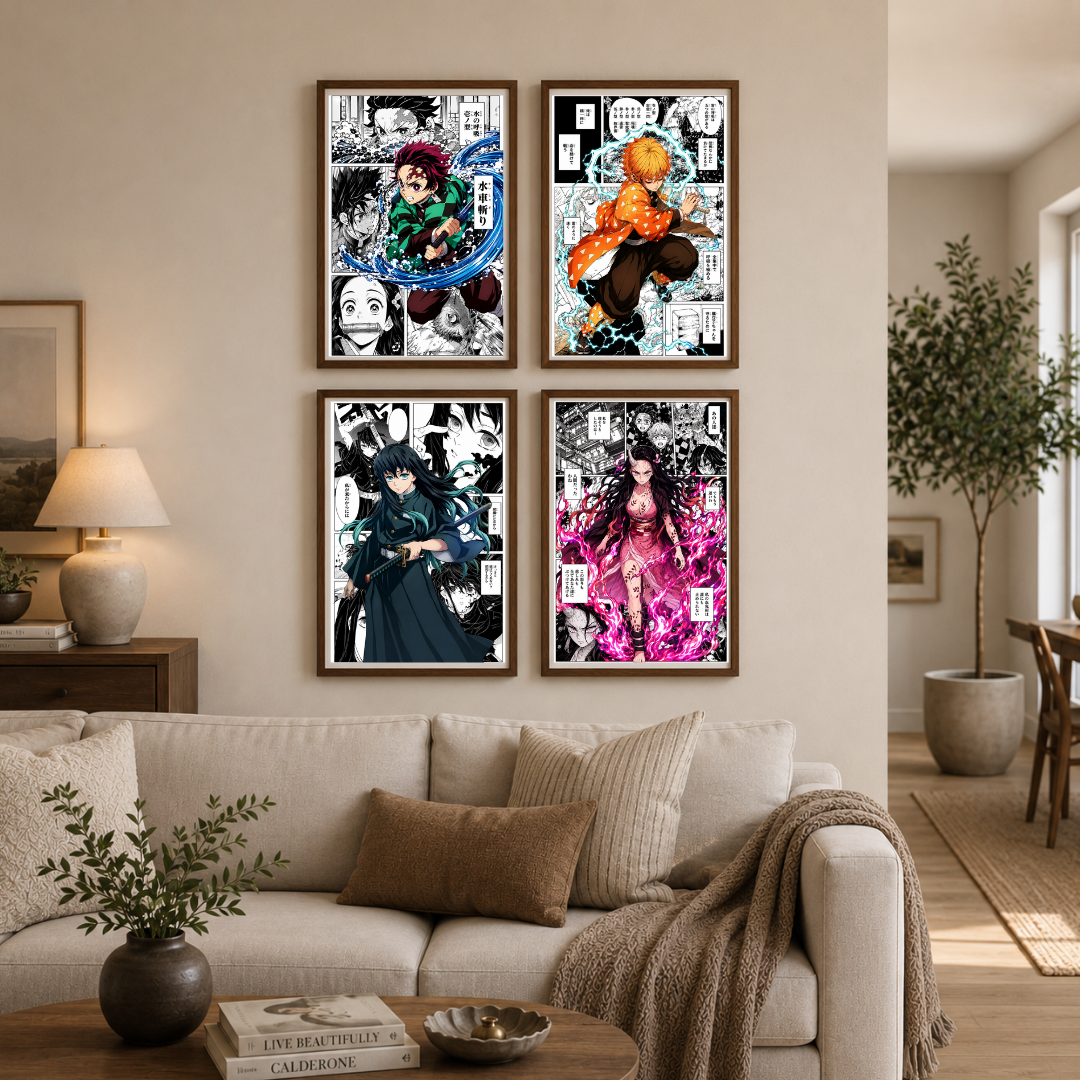 Demon Slayer Character Manga Collage Poster Set | Tanjiro, Zenitsu, Muichiro & Nezuko Anime Wall Art | Decorxhome