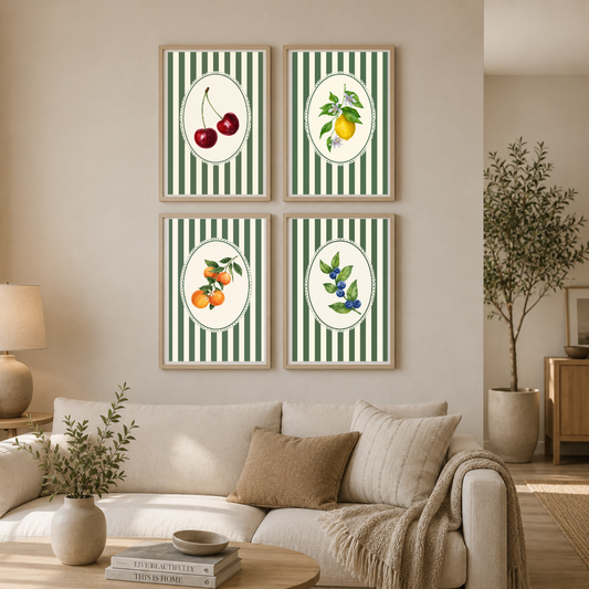 Vintage Botanical Fruit Poster Set | Cherry, Lemon, Orange & Blueberry Kitchen Wall Art | Decorxhome
