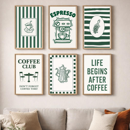 Coffee Club Poster Set | Vintage Café Kitchen Wall Art (Set of 6) by Decorxhome