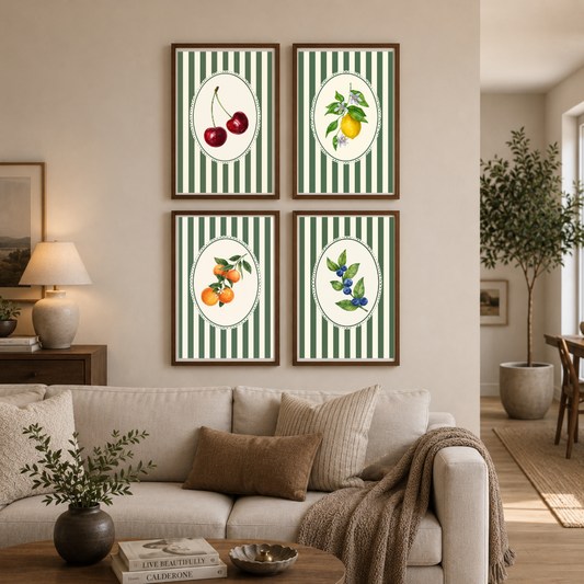 Vintage Botanical Fruit Poster Set | Cherry, Lemon, Orange & Blueberry Kitchen Wall Art | Decorxhome