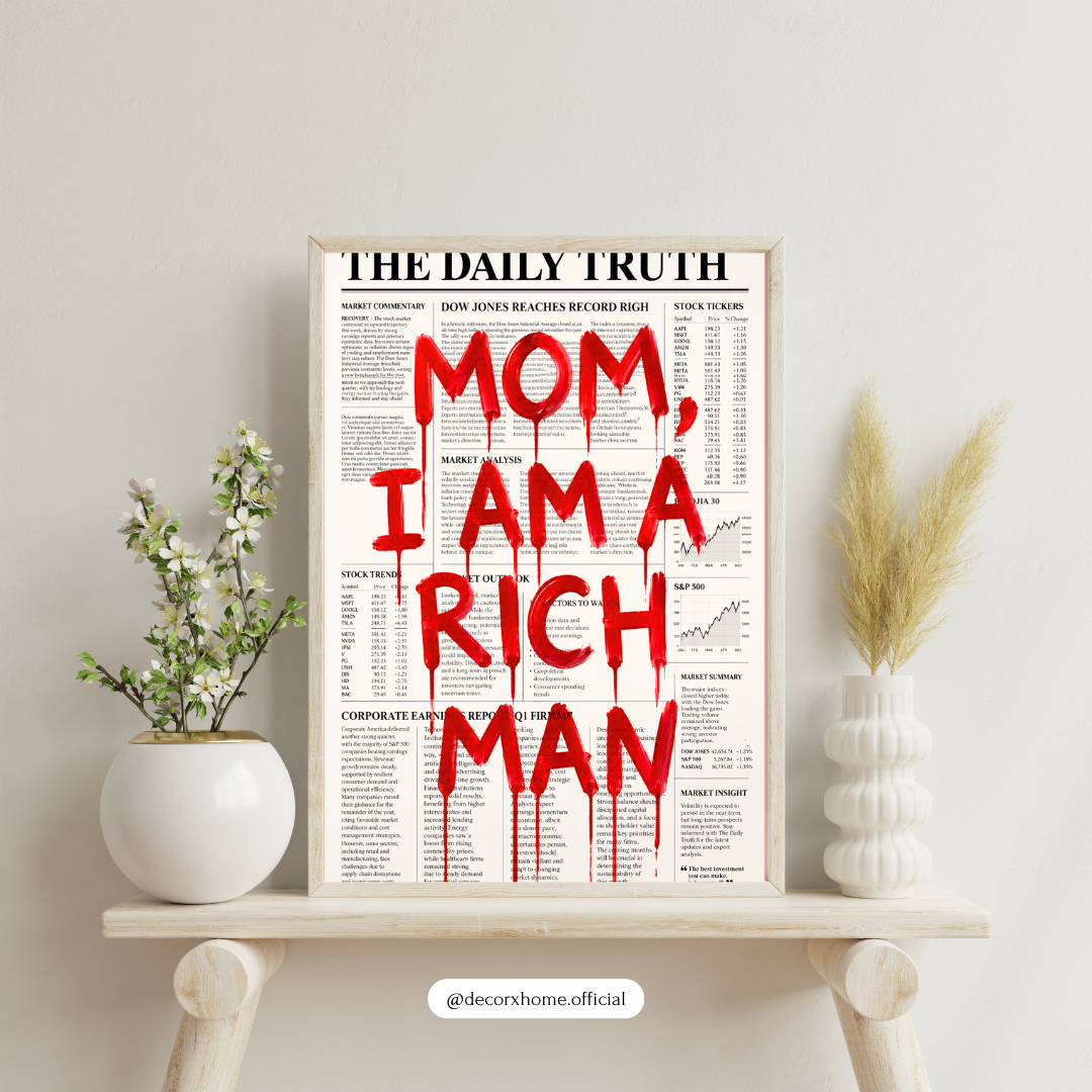 "Mom, I Am Rich Man" Newspaper Poster | Bold Typography Wall Art | Modern Statement Decor by DecorxHome