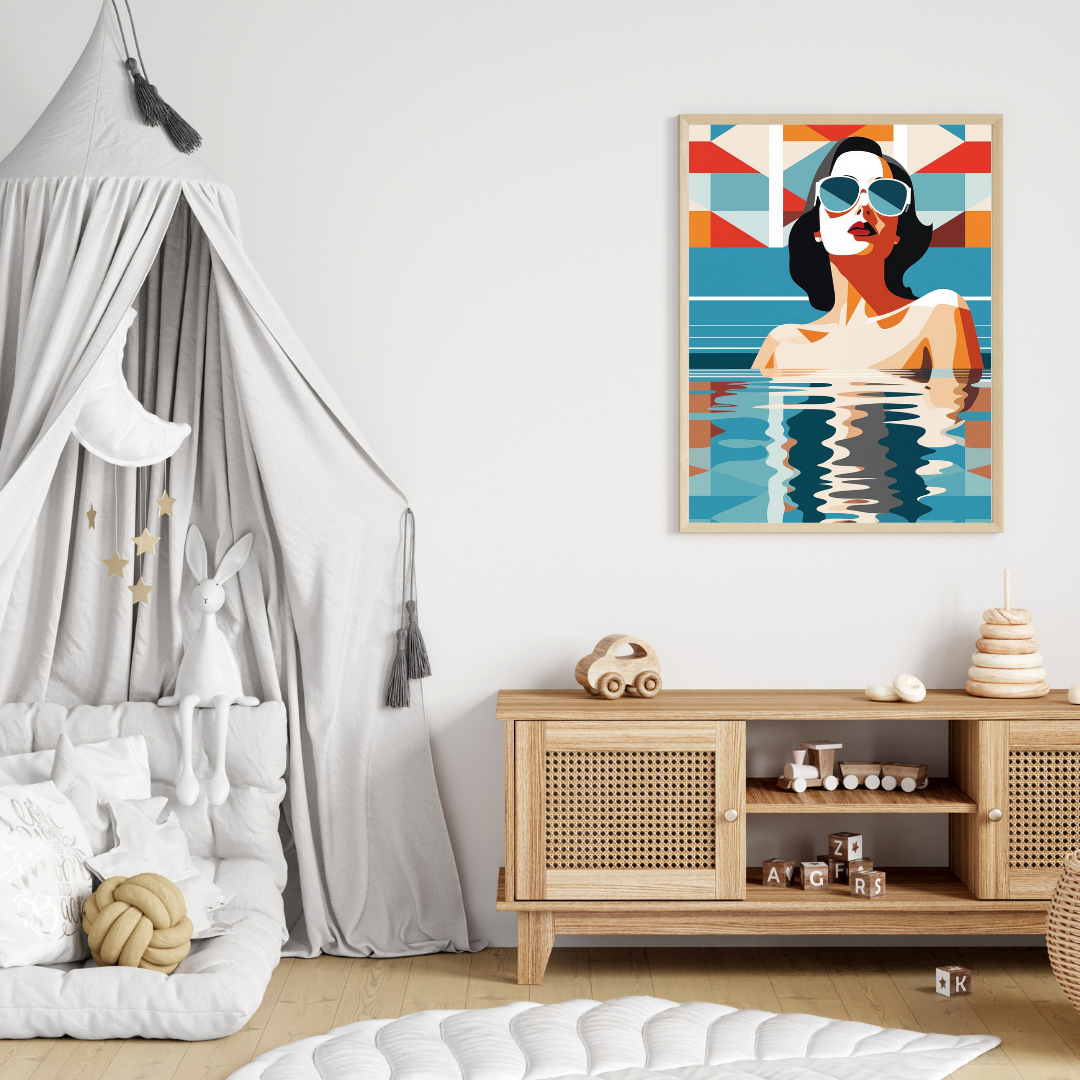 Modern Poolside Woman Wall Art – Framed Pop Art Print for Living Room, Bedroom & Office