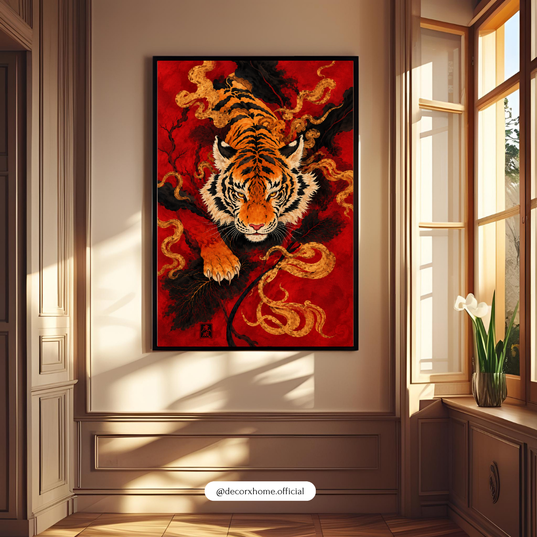Decorexhome Fierce Tiger Poster | Japanese-Inspired Red Tiger Wall Art | Golden Tiger & Dragon Artwork