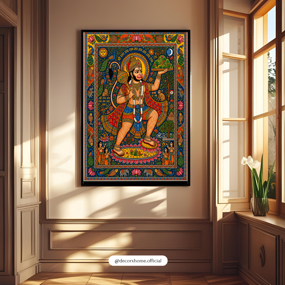 Lord Hanuman Madhubani Art Poster | Traditional Indian Spiritual Wall Decor | Decorexhome