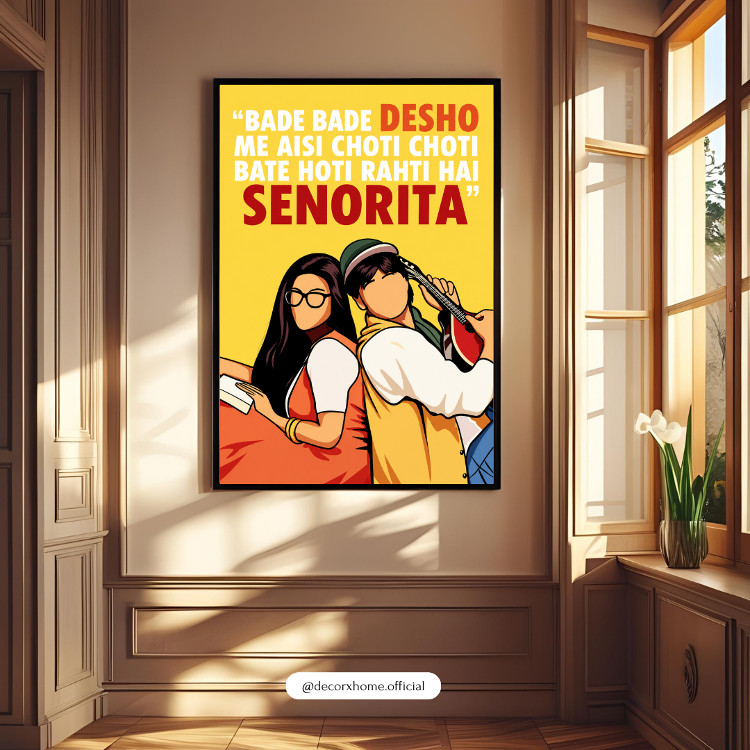 Senorita Poster | Bollywood Romance Quote Wall Art | Indian Couple Illustration | Retro Hindi Movie Inspired Artwork | Romantic Wall Décor | Decorexhome