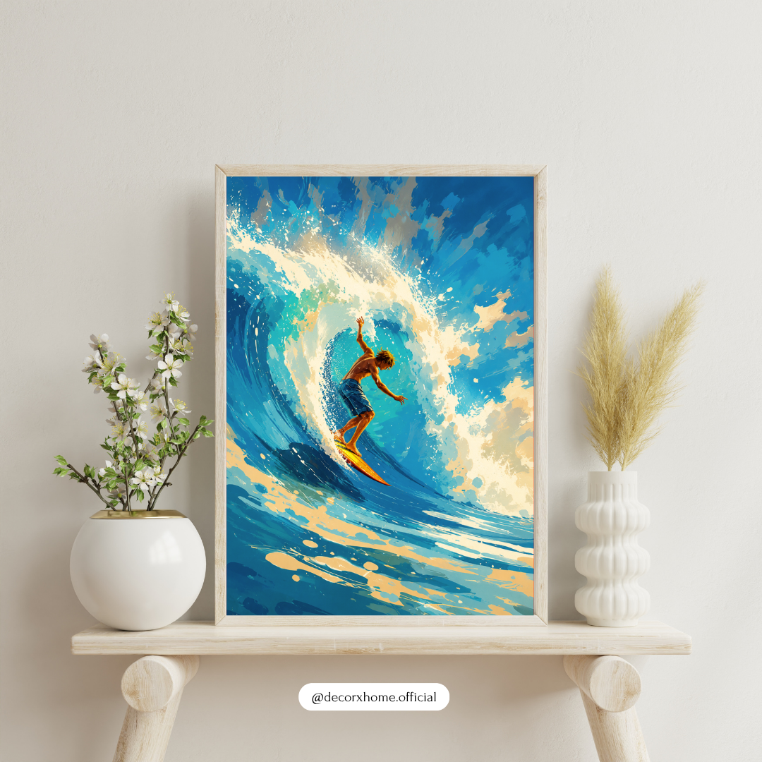 Decorexhome Surfing the Wave Wall Art Poster | Dynamic Ocean Surf Canvas Print | Coastal Adventure Home Decor