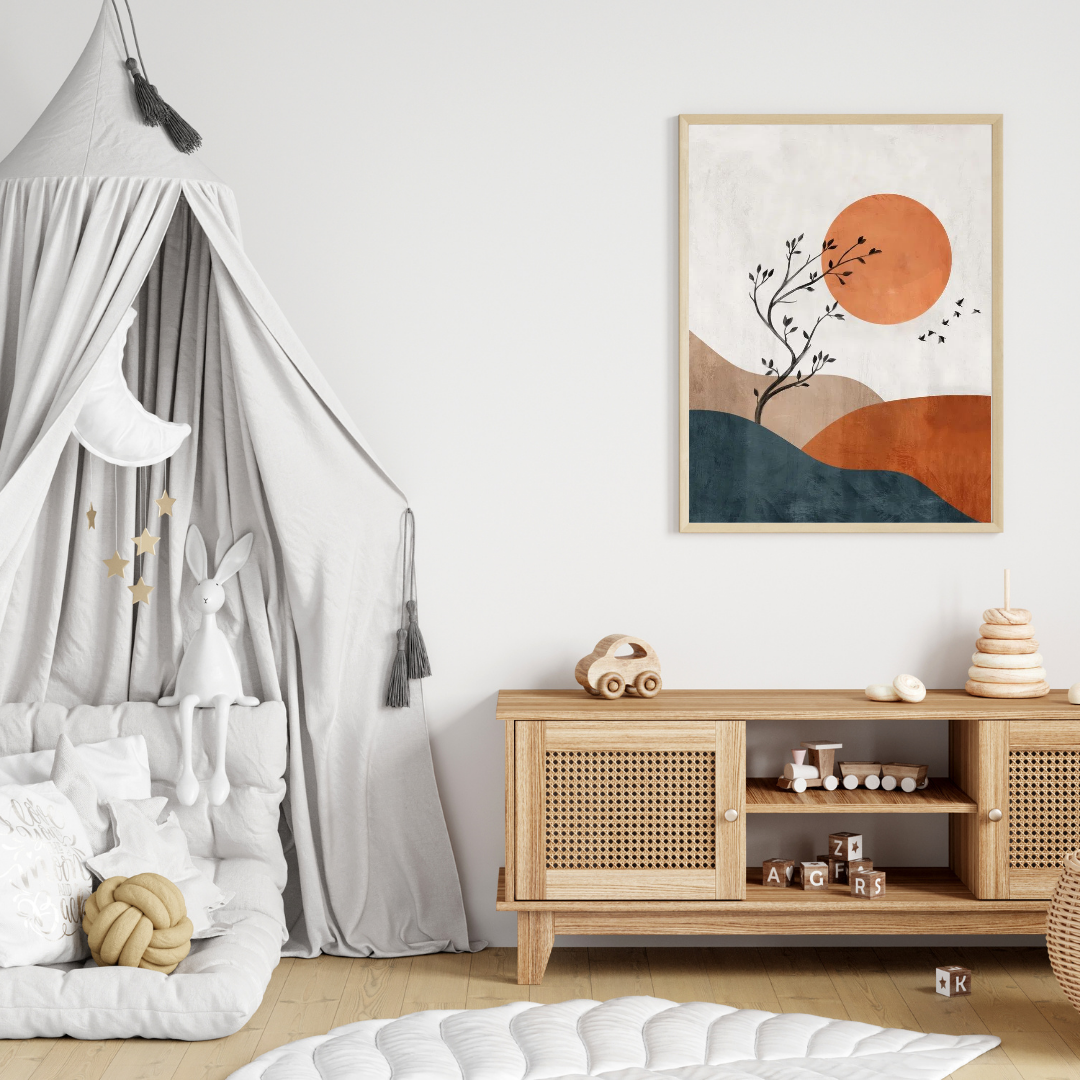 Boho Tree & Sunset Wall Art with Frame – Minimalist Nature-Inspired Decor for Living Room, Bedroom & Office