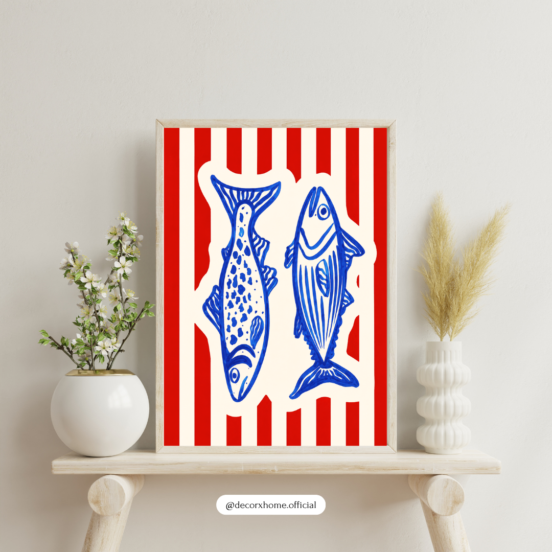 Blue Coastal Fish Line Art Poster | Scandinavian Nautical Wall Art | Decorexhome