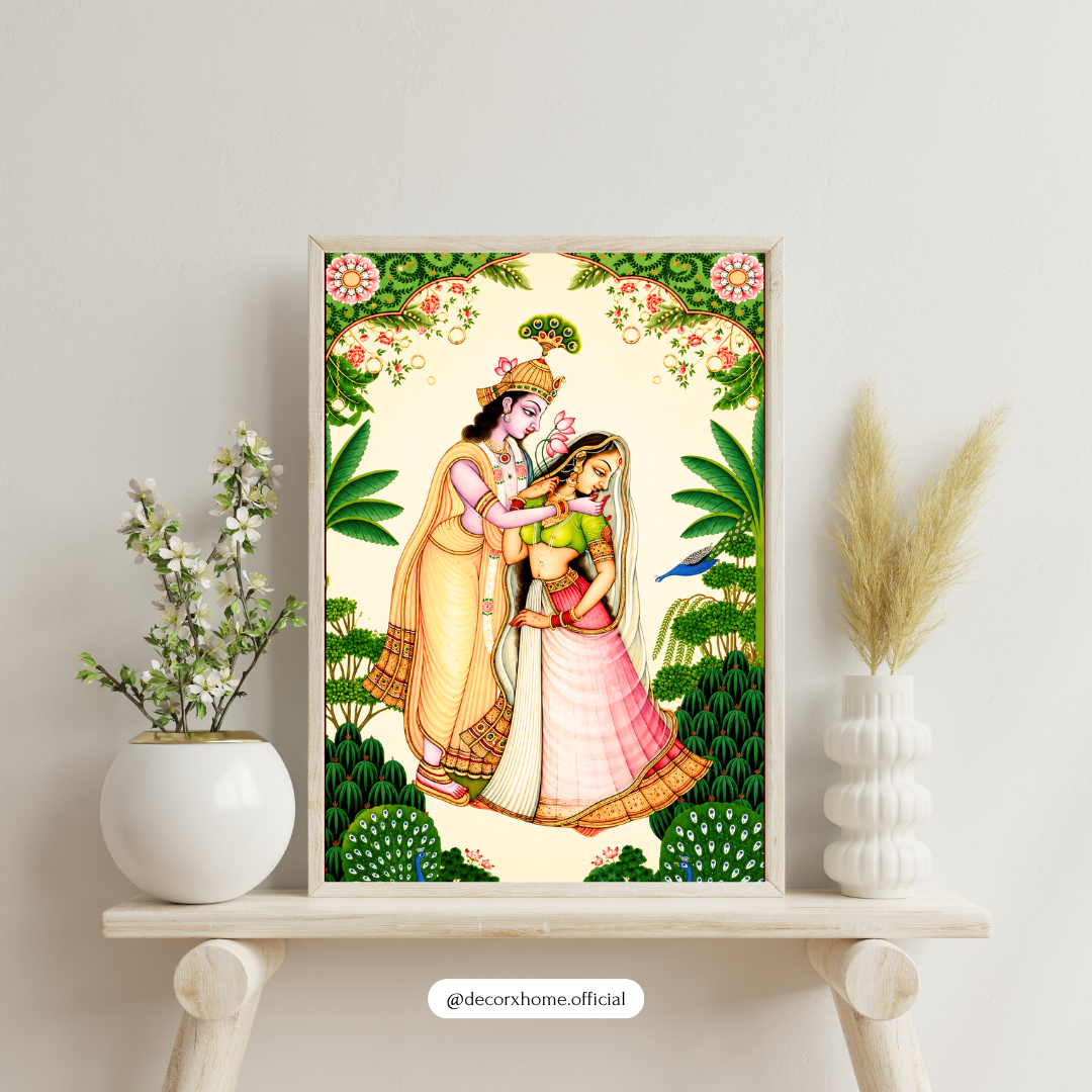 Radha Krishna Divine Garden Poster | Traditional Indian Spiritual Wall Art by DecorxHome