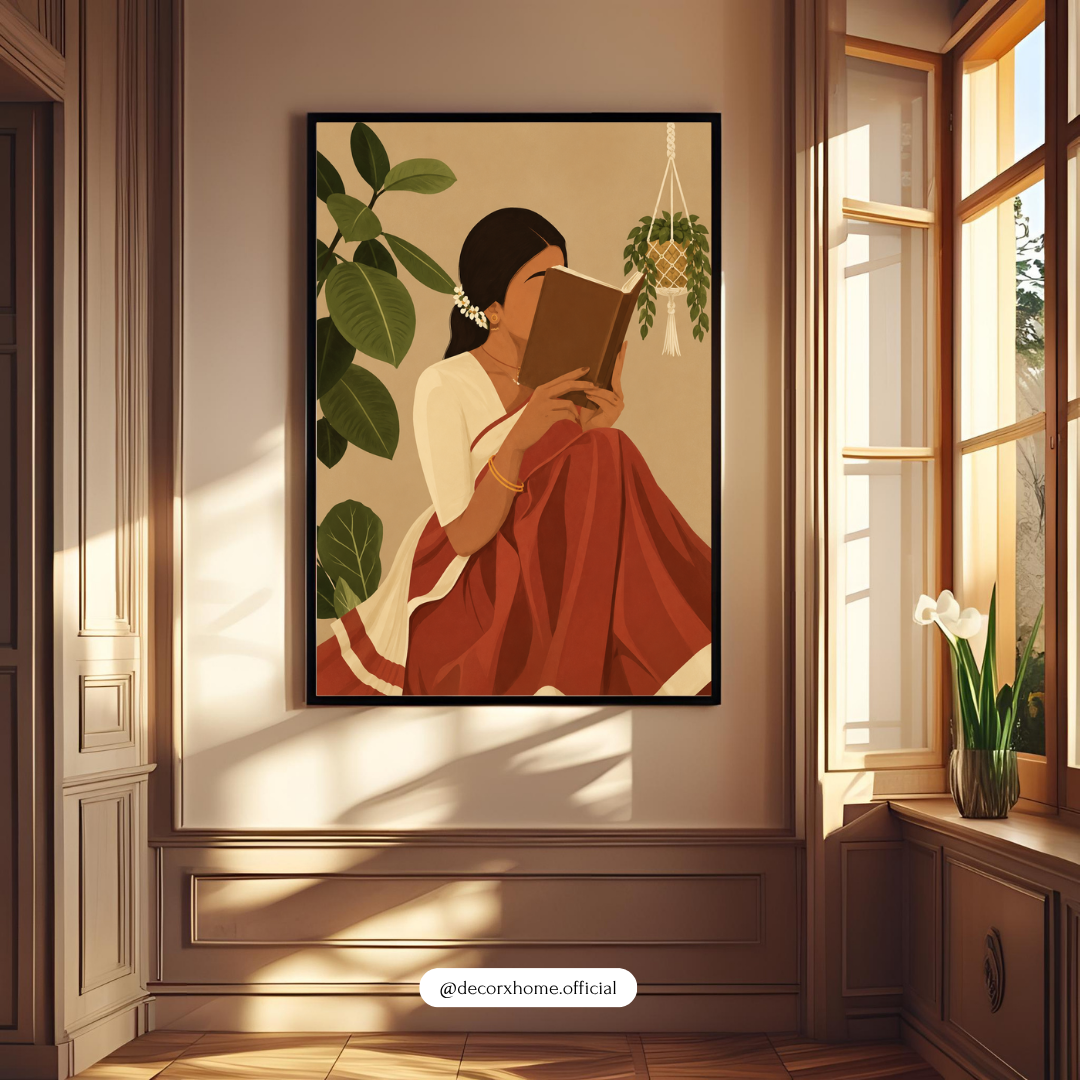 Serene Reader in Saree – Cozy Indian Aesthetic Wall Art Poster | DecorxHome