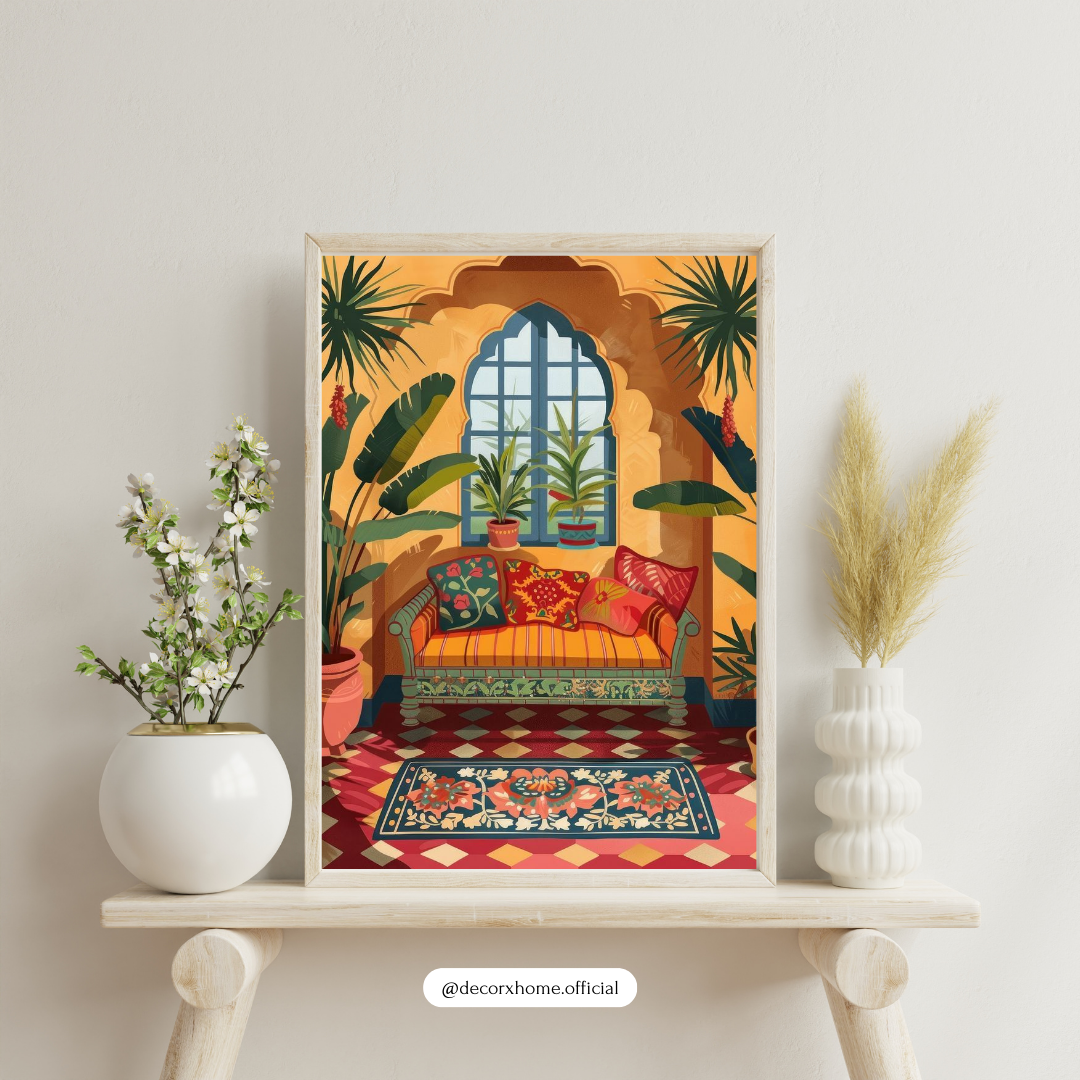 Boho Sunset Lounge Poster – Vibrant Cozy Interior Art Wall Decor