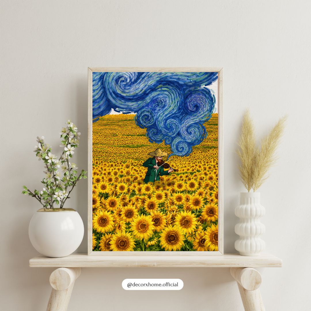 Decorexhome Sunflower Symphony Wall Art Poster | Artistic Violin in Bloom Canvas Print | Impressionist Nature Home Decor