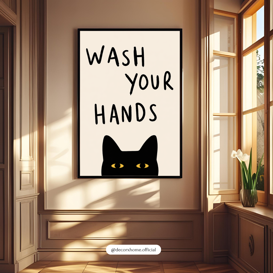 “Wash Your Hands” Cat Wall Art Poster – Funny Minimal Bathroom Decor | Cute Black Cat Print (Framed)