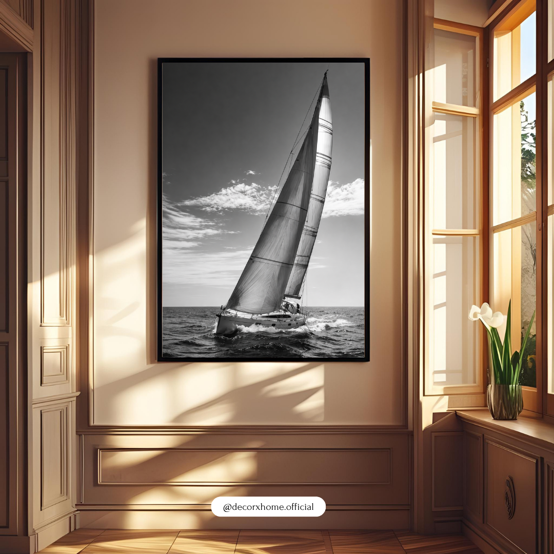 DecorexHome Black & White Sailing Yacht Wall Art Poster | Nautical Ocean Photography Decor