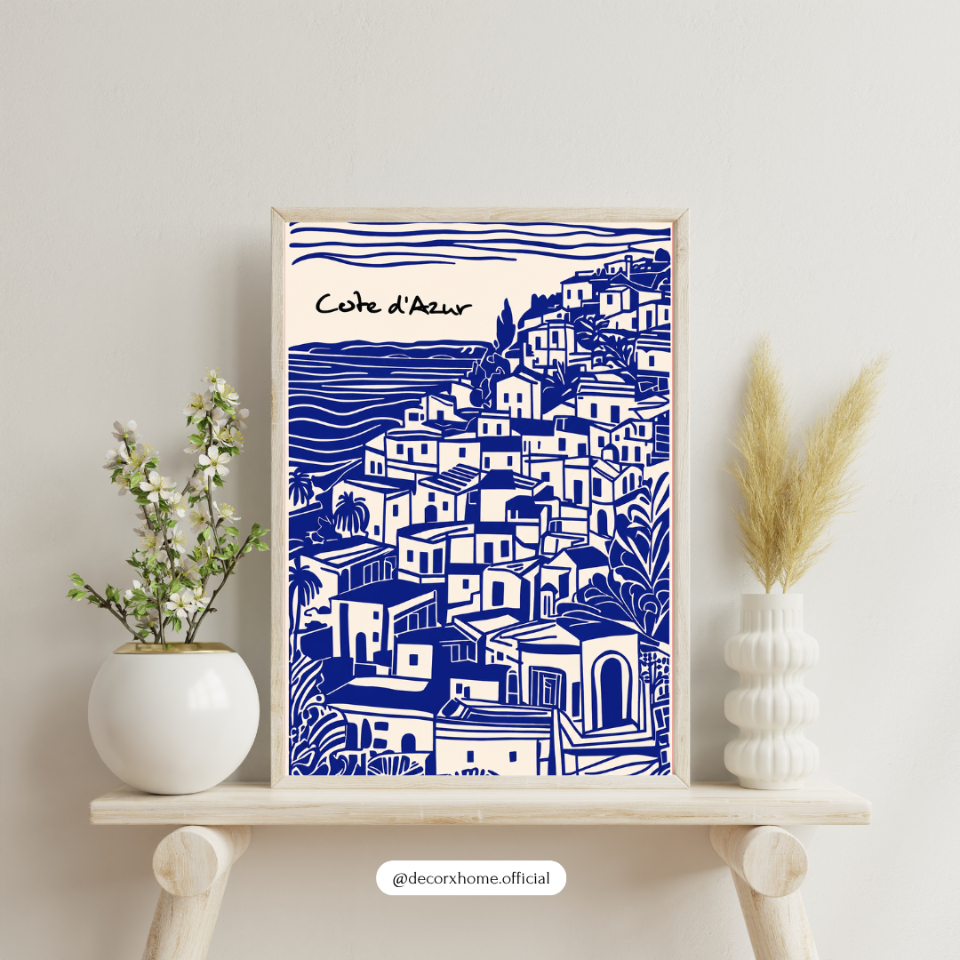 DecorexHome Côte d’Azur Coastal Village Poster | Blue & White Mediterranean Wall Art | Minimal European Travel Artwork | Modern Aesthetic Print