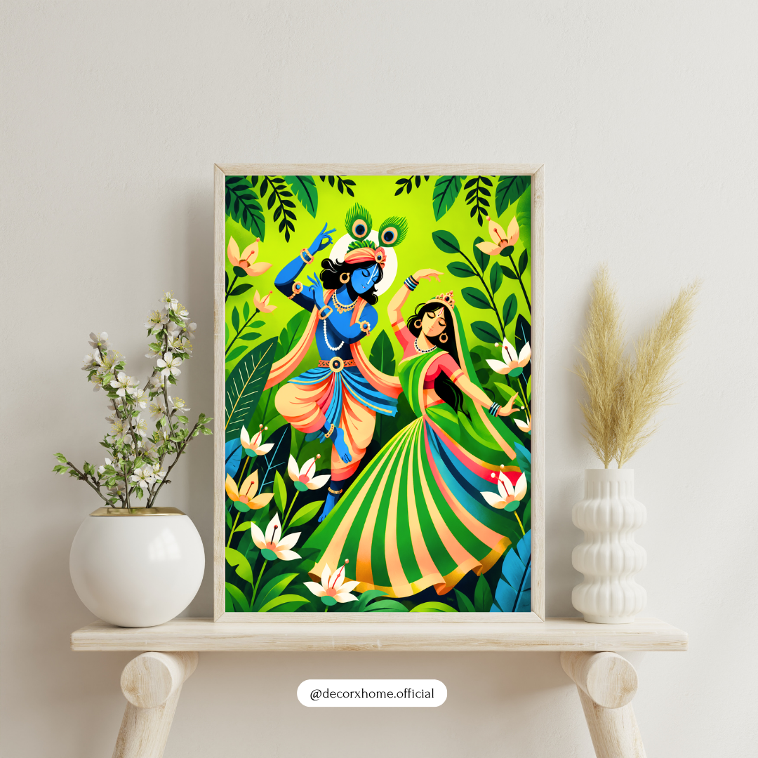 Radha Krishna Divine Dance Poster | Vibrant Spiritual Indian Wall Art by DecorxHome
